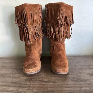 Minnetonka 1688 2 Tier Fringe Moccasin Brown Suede Mid Calf Boots Size 10